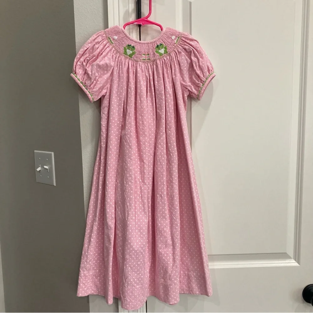 Pink and white polka dot corduroy short sleeve smocked dress with frogs Girls 6